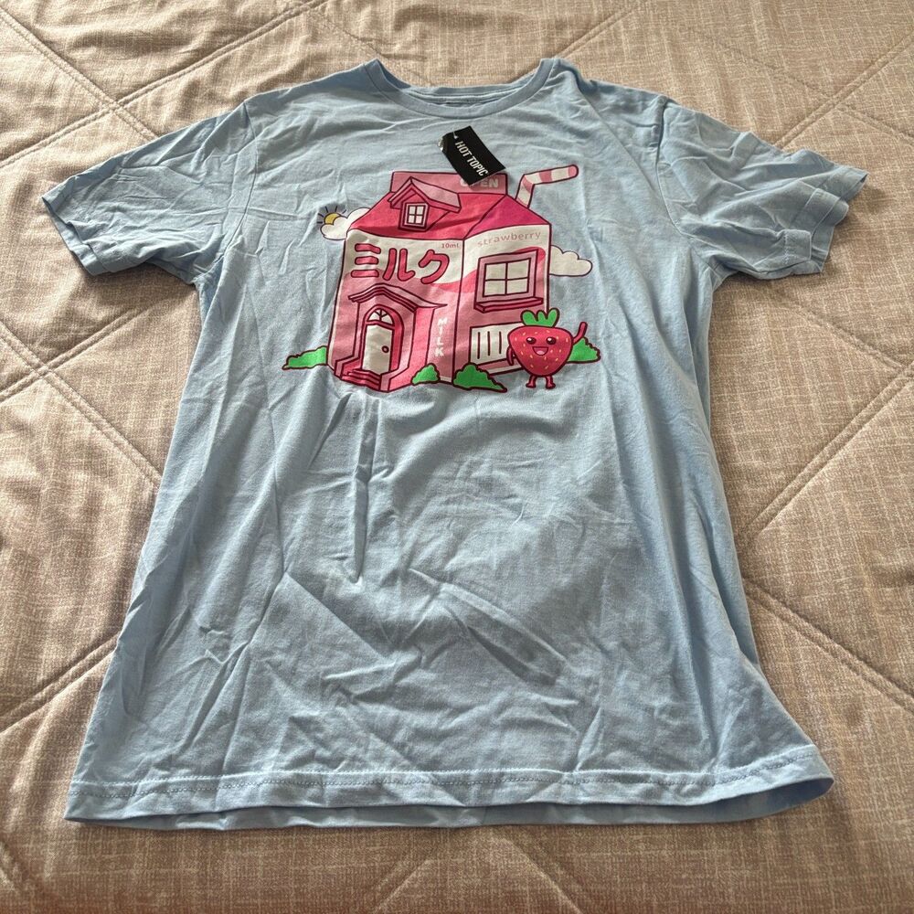 NWT Hot Topic Japanese Strawberry Milk Box Kawaii Graphic T-Shirt Light Blue